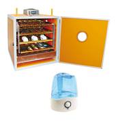 Couveuse MG140-200 Digitale avec humidification automatique
La couveuse MG140-200 livrée avec l'humidification automatique, il vous suffit de raccorder l'humidificateur à la connexion électrique prémontée sur votre couveuse et brancher le tuyau pour envoyer l'humidité.

Caractéristiques de la couveuse :
Couveuse en panneaux bois et cornières  aluminium équipée d’une porte avec hublot pour visualiser l’intérieur de la couveuse. 
Couveuse équipée de 4 tiroirs d’incubation (140 oeufs) et 1 panier d’éclosion (60 oeufs). Hygrométrie réglable grâce au bac à eau fourni. Chauffage par résistance de 200 Watts et ventilateur réglable qui assure une bonne répartition de la chaleur. Retournement automatique des oeufs

Contrôleur digital qui permet les fonctions suivantes :
- Lecture et programmation de la température
- Affichage en °C et °F
- Alarme de température
- Réglage de l’intensité de la ventilation
- Lecture de l’humidité dans la couveuse

En rajoutant l’option Humidificateur par ultrasons, vous pouvez contrôler et programmer l’humidité dans votre couveuse.

Capacité de la couveuse :	
140 oeufsde poules ou canards en incubation + 60 en éclosion
160 oeufsde faisans ou pintades + 50 en éclosion
600 oeufsde cailles ou perdrix grises + 125 en éclosion
36 oeufsd’oies ou dindes + 12 en éclosion
Puissance : 200 W - 220 Volts
Dimensions : 52 x 60 x 62 cm - Poids : 33 kg

Caractéristiques de l'humidificateur :
Humidificateur à ultrasons pour couveuses FIEM
Cet humidificateur est spécialement équipé pour s'adapter sur les couveuses COSMO EVO, MG140-200 Digitale et MG200-300 Digitale.
Vous avez simplement besoin de le connecter à la couveuse à l'aide de l'adaptateur fourni et vous pourrez ainsi programmer votre taux d'humidité dans la couveuse.
La régultaion se fera automatiquement selon le taux d'humidité programmé, vous aurez donc un système d'humidification automatique à un prix très attractif.

L'humidificateur pour couveuse est équipé d'un tuyau flexible de 21 mm de diamètre - Longueur : 120 cm
Capacité du réservoir de l'humidificateur pour couveuse: 3 litres
Puissance de l'humidificateur pour couveuse : 30 Watts
L'humidificateur pour couveuse fonctionne en 220 Volts

Conseil : Utiliser de l'eau déminéralisée ou de l'eau en bouteille pour éviter la formation de calcaire qui endommage l'appareil