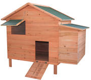 Poulailler bois avec pondoir
Ce poulailler en bois convient pour 5 à 6 poules
Poulailler équipé d'un pondoir avec accès par le toit pour ramasser les oeufs
Poulailler équipé d'une porte double sur l'arrière pour faciliter le nettoyage
Poulailler équipé d'une protection du toit en toile goudronnée
La porte de ce poulailler en bois se transforme en échelle pour accéder à l'intérieur.
La fenêtre grillagée permet au jour de rentrer dans le poulailler en bois
Longueur totale poulailler : 128 x 80 cm - Hauteur : 113 cm
Pondoir : 77 x 30 cm 
Dimensions de la porte : 25 x 35 cm

Pour plus de longévité, nous vous conseillons de lasurer votre poulailler en bois