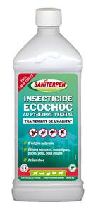 Saniterpen Insecticide Ecochoc 1 l

SANITERPEN INSECTICIDE ECOCHOC est un insecticide concentré à effet choc qui élimine mouches, moustiques, puces, poux, poux rouges de l’habitat et de l’environnement animal (niches, clapiers, poulaillers,...).
Grâce à sa formule à base de pyréthrines d’origine naturelle, il agit instantanément dès les premiers traitements

Dosage & Mode d’emploi
Diluer 10 cl de produit dans 0,5 litre d’eau pour traiter 10 m². Un dosage correct permet de réaliser des économies et de réduire l’incidence du produit sur l’environnement.
Appliquer la solution obtenue par pulvérisation sur le sol, les murs, les contours de fenêtres et de portes en évitant le ruissellement. Laisser sécher.
Renouveler le traitement dès l’apparition d’insectes. Lors du traitement, sortir les animaux des locaux et ne les réintroduire que lorsque les surfaces sont totalement sèches.

Ne pas utiliser sur et à proximité des animaux à sang froid (poissons, reptiles, grenouilles, …)

Caractéristiques
- Aspect : liquide limpide.
- Couleur : ambrée.
- Odeur : pin.
- Masse volumique (20 ° C) : 0.959 g/ml.
- pH dilué (à 20 %) : 5,8 (base eau douce, TH 8°f).

Environnement
- Produit conditionné dans un emballage en PET recyclable, de faible grammage.
- Produit conçu et fabriqué en France sous un système de management
intégré certifié ISO 9001 (qualité), ISO 14001 (environnement) et
OHSAS 18001 (santé et sécurité).

PRODUIT UTILISABLE EN AGRICULTURE BIOLOGIQUE

Composition
Concentré émulsionnable (EC) contenant des pyréthrines et pyréthroïdes (n° CAS 8003-34-7 : 0, 72g/l).

Contenance de Saniterpen Insecticide Ecochoc : flacon 1 litre 
 


