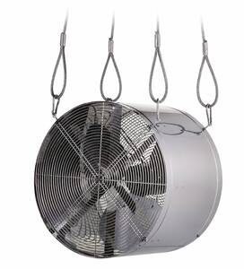 Ventilateur brasseur d'air chaud et froid
Structure en acier inox
Hélice avec 3 pâles PVC
Grille de sécurité avant et arrière
Moteur 400 v 400 W 0.74 ampères
Non régulable
Alimentation triphasée
Kit de suspension non compris
Hélice Ø 630 mm 
Dimensions : 652mm x 650mm x 480mm
Poids 22KG