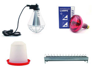 Kit d'élevage START composé de :
1 Protecteur infra-rouge 
1 Ampoule Infra-rouge 150 Watts
1 Mangeoire à grille pour poussins longueur 30cm
1 Abreuvoir siphoïde 1,5 litre
Ce kit est le moyen idéal pour démarrer un petit élevage une fois vos oeufs éclos.