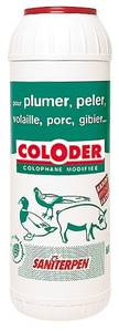 Colophane en poudre (résine de pins des Landes)
Facilite le plumage des volailles et gibiers et le pelage des porcs et des sangliers.
Saupoudrer l’animal avant trempage, en refroidissant, le Coloder se solidifie.
Les plumes et les poils se détachent facilement et laisse l’animal parfaitement propre.
