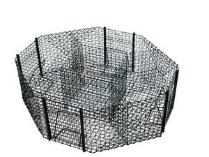 Piège à pie octogonal	

Ce piège à pie octogonal est composé d’une cage centrale pour appelant et de 4 cages pièges

Dimensions du Piège à pie octogonal :
hauteur : 30 cm  - Diamètre : 100 cm
Maille 25x25 mm Epaisseur 1,8 mm



