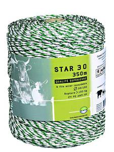 CABLE STAR 30  
BOBINE DE 350 M
6 fils inox 3/100
24 fils PE 40/100 anti-UV
Résistance : 1,95 Ohms/m
Résistance rupture : 120 kgs