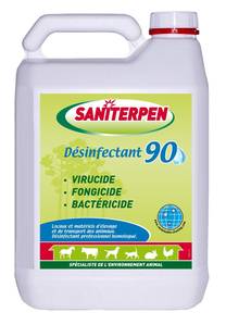 DESINFECTANT VIRUCIDE, FONGICIDE ET BACTERICIDE homologué

Saniterpen Désinfectant 90 est un désinfectant homologué pour l’habitat de vos animaux (chiens, chats, chevaux, volailles, oiseaux, rongeurs) et des véhicules de transport. Bactéricide, virucide et fongicide, 
Saniterpen Désinfectant 90 bénéficie de l’agrément DSV et aide à prévenir des maladies et/ou à limiter leur développement.  

Un désinfectant homologué haute performance
Homologé par le Ministère de l’agriculture et de la pêche sous le N° 2050101  pour les traitements VIRUCIDE, FONGICIDE et BACTERICIDE des logements d’animaux domestiques (étables, écuries, poulaillers, chenils, clapiers,..), des matériels de transport et d’élevage d’animaux domestiques, 
Saniterpen Désinfectant 90 facilite la prévention des maladies en éliminant les micro-organismes (virus, bactéries, champignons) invisibles à l’oeil nu. 

Bénéficiant de l’agrément DSV, Saniterpen Désinfectant 90 est notamment actif sur le virus de la fièvre aphteuse, le virus de l’hépatite canine contagieuse et sur le virus de la maladie de Talfan. 

Conseils d'utilisation de Saniterpen Désinfectant 90 :
Commencer par retirer les animaux. Procéder ensuite à un nettoyage des surfaces concernées pour  éliminer les miettes, débris et souillures éventuelles à l’aide du Saniterpen Détergent Surpuissant. 
Appliquer ensuite le Saniterpen Désinfectant 90 et laisser agir. Ne réintroduire les animaux qu’après séchage complet. 

Pour un traitement virucide et fongicide diluer le produit à 2 %  (soit en pulvérisation : 1 L dans 50 L d’eau pour 170 m2).
Pour un traitement bactéricide diluer le produit à 0,5 % (soit en pulvérisation : 1 L dans  200 L d’eau pour 670 m²).
Pour tout traitement avec blanchiment : rajouter 20 à 25 kg de blanc neutre pour 100 L de solution. 

Composition & caractéristiques de Saniterpen Désinfectant 90
Matières actives : Chlorure de didécyl diméthyl ammonium - n°de CAS: 7173-51-5 
Glutaraldéhyde - n°de CAS: 111-30-8 (TP 3 ).

pH pur : 3,6 - pH dilué à 1 % : 3,9
Aspect : liquide limpide 
Couleur : ambrée
Odeur : neutre
Masse volumique (20° C) : 1,02 g/cm3
Utilisez les biocides avec précaution. Avant toute utilisation, lisez l’étiquette et les informations concernant le produit.


Contenance de Saniterpen Désinfectant 90 : Bidon 5 litres
 

