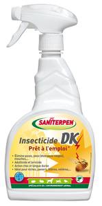 Saniterpen Insecticide DK PRET A L'EMPLOI
 
Saniterpen Insecticide DK élimine les insectes volants et rampants, et protège ainsi efficacement l'environnement intérieur et extérieur de vos animaux (chiens, chats, oiseaux, rongeurs, poules).
 
Un insecticide Effet Choc prêt à l'emploi
Puissant insecticide adulticide et larvicide contre les insectes volants et rampants qui agit par contact et par ingestion.
Saniterpen Insecticide Effet Choc est efficace durant 6 semaines, Saniterpen Insecticide DK est un complément indispensable des traitements anti-parasitaires appliqués sur l'animal. 
En effet, 95 % des parasites se trouvent dans l’environnement animal et seulement 5% sur l’animal lui-même. 

Conseils d'utilisation de Saniterpen Insecticide DK :
Pulvériser sur les surfaces en contact avec l’animal (niches, litières, paniers,...) à une distance de 10 à 15 cm. Réintroduire les animaux après séchage uniquement. 
Ne pas rincer. Ne pas appliquer directement sur l’animal. Pour une application sur moquette ou tissu, faire un essai sur une partie cachée.
Ne pas utiliser à proximité des animaux à sang froid (poissons, reptiles, grenouilles,...). 

Composition & caractéritiques de Saniterpen Insecticide DK :
Matières actives : Deltamethrine- N°de CAS: 52918-63-5 (TP 18)

Aspect : liquide opaque
Couleur : blanc
Odeur : Pin
Masse volumique (20° C) : 0,995 g / ml
pH pur : 4
Utilisez les biocides avec précaution. Avant toute utilisation, lisez l’étiquette et les informations concernant le produit.


Contenance de Saniterpen Insecticide DK : Pistolet 750 ml
 
 

 

 
 

 

