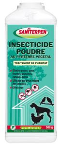 Saniterpen Insecticide Effet Choc PRET A L'EMPLOI
 
Saniterpen Insecticide Poudre au Pyrèthre Végétal s’utilise en désinsectisation de l’habitat et de l’environnement animal. Il est très actif contre les poux, tiques, puces, cafards, mites, punaises,...

Saniterpen Insecticide Poudre au Pyrèthre Végétal est un insecticide au Pin des Landes qui élimine efficacement les insectes grâce à son effet choc. 

Conseils d'utilisation
· Animaux de compagnie : saupoudrer les lieux en assurant une bonne répartition de la poudre sur les endroits de passage, niches
Ne pas utiliser sur et à proximité des animaux à sang froid (poissons, reptiles, batraciens,...)
· Volières et poulaillers : saupoudrer soigneusement nids et planchers.
· Dans la maison : répandre abondamment la poudre insecticide Saniterpen sur les endroits de passage ou envahis par les insectes (placards, penderies, armoires, plinthes, matelas, tapis ...)
· Recommandé en complément d’un traitement antiparasitaire sur l’animal. 
· Particulièrement recommandé en colombophilie 

Composition & caractéristiques du produit
Matières actives : - Pyréthrines et Pyréthroïdes - n° CAS : 8003-34-7 (TP 18)
 - Piperonyl butoxyde - n° CAS : 51-03-6 (TP 18) 

Utilisez les biocides avec précaution. Avant toute utilisation, lisez l’étiquette et les informations concernant le produit.

Boite Poudreuse 500 g
