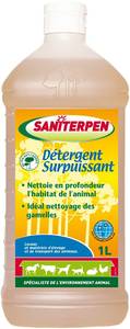 Saniterpen Détergent Surpuissant 1L
Nettoyant concentré
Saniterpen Détergent Surpuissant nettoie, dégraisse et rénove en profondeur les sols et surfaces de vos chenils, écuries, poulaillers, clapiers, cages, parties communes et véhicules de transport.
Saniterpen Détergent Surpuissant nettoie et dégraisse les locaux, matériels d’élevage et de transport. Grâce à sa formule concentrée, il est efficace même à faible dosage.  
Soluble en eau chaude comme en eau froide, ce dégraissant assure un nettoyage efficace en toutes circonstances
Diluer Saniterpen Détergent Surpuissant dans de l’eau en fonction du degré de salissure.
Pour un usage régulier, diluer 1 à 5 % (soit 80 ml à 400 ml pour 8 litres d’eau en fonction du degré d’encrassement).
Pour un usage curatif, pratiquer un dosage de 5 % (soit 50 ml par litre d’eau à pur) sur les salissures incrustées. Appliquer ensuite cette émulsion manuellement ou à l’aide d’un groupe à pression.
Penser à bien rincer le matériel après utilisation. Pour les zones très encrassées, laisser tremper 5 min.
Composition : Agents de surface non ioniques, savons végétaux, Huile de Pin, sels minéraux et excipients.

Aspect : liquide opalescent
Couleur : jaune-ambrée
Odeur : Pin
Masse volumique (20° C) : 1,015 g / ml
pH pur : 13
pH dilué : 10-11