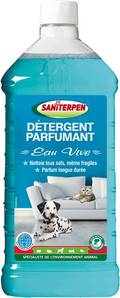 Saniterpen Détergent Parfumant nettoie et parfume tous types de sols et surfaces des lieux fréquentés par les animaux de compagnie (chiens, chats,lapins, oiseaux, volailles...).
Un détergent parfumant pour l'habitat animal

Grâce à sa formule concentrée, il nettoie et parfume durablement l'habitat animal et convient pour tous types de sols et surfaces lavables: stratifiés, plastiques, bois et parquets lavables, marbre, carrelage...

Saniterpen Détergent Parfumantest disponible en 3 versions différentes :

Saniterpen Détergent Parfumant Souffle d'Orient (parfum riche avec une note de tête florale et un fond épicé)
Saniterpen Détergent Parfumant Bouquet des Landes (senteurboisée et aromatique)
Saniterpen Détergent Parfumant Eau Vive (senteur fraîche et hesperidée)

DOMAINES D’UTILISATION :
Nettoie les sols et surfaces lavables, en particulier dans les lieux fréquentés par les animaux de compagnie : habitat, salons de toilettages, salles d'attente vétérinaires...
Parfume durablement.
Parfums raffinés et qualitatifs : Souffle d’Orient (parfum riche avec une note de tête florale et un fond épicé), Eau Vive (parfum frais et tonique avec des notes aquatiques et hespéridées) et Bouquet des Landes (parfum boisé typé pin avec des notes ambrées).
Convient pour tous types de sols et de surfaces : stratifiés, plastiques, bois et parquets lavables, marbre, carrelage…

COMPOSITION :

Eau Vive : moins de 5 % : agents de surface cationiques ; 5 % ou plus mais moins de 15 % : agents de surface non ioniques ; parfum (Citral, Eugenol, Limonene, Linalool) ; octylisothiazolinone, methylchloroisothiazolinone, methylisothiazolinone)

MODE D’EMPLOI ET DOSAGES :
Dosage : 10 ml pour 5 litres d’eau (soit 1 bouchon).
Dilution possible en eau à température ambiante (20°c) jusqu’à chaude (40°c).

Composition & Caractéristiques du produit

Matières actives

Aspect : liquide
Masse volumique (20°C) : 0,995 g/cm3
pH : 7
 
Contenance : Flacon 1 litre
