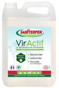 Saniterpen Désinfectant Viractif 5 l

Protéger simplement hommes et animaux grâce à une hygiène raisonnée, mesurée et modérée

Nettoie dégraisse, détartre, désinfecte toutes surfaces lavables et laisse une senteur fraîche acceptée par les animaux de compagnie.
Convient aux particuliers, propriétaires d’animaux de compagnie, éleveurs, vétérinaires, salons de toilettage pour le nettoyage et la désinfection des surfaces hautes, litières, cages, volières, caisses de transports, etc.
Formulation certifiée ECOCERT à base d’acide lactique, substance active biosourcée issue de la fermentation de sucres.
Bactéricide, levuricide, activité fongicide et activité virucide (détail des normes et efficacité dans la rubrique mode d’emploi).
Efficacité contre des souches bactériennes et virales responsables de maladies animales ou transmissibles à l’Homme (maladie des griffes du chat, Coryza, rage, grippe aviaire)
99,5 % d’ingrédients d’origine minérale et végétale.
Formule sans colorant ni conservateur.
Faible teneur en COV pour la préservation de la qualité de l’air (0,05 %)
Emballage 100 % recyclable

MODE D’EMPLOI :
Pulvériser sur une lavette ou directement sur la surface et nettoyer les surfaces, laisser agir 5 à 30 min selon l’activité recherchée, essuyer. 
Rincer à l’eau potable lorsque les surfaces sont destinées à entrer en contact avec les denrées alimentaires (conformément à l’arrêté du 19/12/2013). Utilisable sur surfaces vitrées et inox.

Virus enveloppés d’intérêt couverts par l’efficacité de ce produit
Coronavirus (COVID-19)
Herpesviridae (Herpès)
VHB (Hépatite B)
VHC (Hépatite C)
VHD (Hépatite DELTA)
VIH (Immunodeficience Humaine)
HTLV (Leucémie Humaine à Cellules T)
Virus de la grippe (Grippe)
Virus de la grippe aviaire
Virus de la rubéole (Rubéole)
Virus de la rougeole (Rougeole)
Virus de la rage (Rage)
Filoviridae (Fièvre Hemorragique Aigue)
Virus du Coryza (herpès du chat)
Flavivirus (Maladies transmises par les moustiques : Dingue, …)
Paramyxoviridae (Oreillons)
Poxviridae (Infections cutanées)
COMPOSITION :
Moins de 5% : agents de surface non ioniques, agents de surface anioniques. Parfum. Enzymes. Désinfectants : acide lactique (CAS n°79-33-4 : 30,45 g/l) ; acide glycolique (CAS n°79-14-1 : 2,84 g/l). Contient aussi : eau, glycérine, solvant.
CARACTERISTIQUES PHYSICO-CHIMIQUES :
Aspect : liquide légèrement opalescent.
Couleur : légèrement ambrée, sans colorant.
Odeur : fraîcheur très légère.
Masse volumique (20 ° C) : 1,015 g/cm3.
pH : 2,2
ECO INFO :
Produit certifié Ecodétergent par ECOCERT Greenlife
Tous les ingrédients sont biodégradables selon la norme OCDE 301.
99,5 % des ingrédients sont d’origine végétale et minérale.
Flacon et gâchette en plastique 100% recyclable.
Produit conçu et fabriqué en France sous un système de management intégré certifié ISO 9001 (qualité), ISO 14001 (environnement) et ISO 45001 (santé et sécurité).