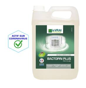 Bactopin Plus 5 l prêt à l'emploi

Produit pour désinfecter toutes vos surfaces : mobiliers, petits objets, poignées de porte, rampe....

Nous vous proposons ce produit pour son action virucide sur le Coronavirus.

Produit bactéricide, levuricide, virucide. Sans Javel, sans Biguanide
Apte au contact alimentaire après rinçage à l'eau potable
Ingrédients d'origine végétale issus du pin des landes

Produit prêt à l'emploi, rapide, facile et sûr.
Pour un usage quotidien, vaporiser sur une lavette, laisser agir au minimum 5 minutes. Essuyer. Rinçage obligatoire à l'eau potable pour les surfaces
pouvant entrer en contact avec des denrées alimentaires, la peau ou les muqueuses.

Formulé sans Biguanide. Bactéricide et Levuricide conforme aux normes NF EN 1276 et NF EN 13697.
Actif sur Coronavirus, Rotavirus, Herpès, PRV (Hépatite B) et BVDV (Hépatite C) et Grippe (Influenza A / H1N1) selon la norme NF EN 14476.
Contact alimentaire.

Caractéristiques :
Aspect : liquide limpide
Couleur : incolore
Masse volumique (20°C) : 0,976 g/cm3
PH : 9-10

Environnement et Sécurité :
? Conforme au règlement européen n°648/2004 relatif aux détergents. Tensio-actifs facilement
biodégradables selon la norme OCDE 301.
? Produit biocide à usage professionnel et grand public (TP2 - TP4).
? Conforme à l’arrêté du 19/12/2013 : apte au contact alimentaire après rinçage à l’eau potable.
? Emballage recyclable.
La sélection rigoureuse de nos dérivés de Pin des Landes, choisis pour leurs propriétés en hygiène et
propreté, garantit l’efficacité détergente, dégraissante ou odorisante de nos formulations. Elle
contribue à la sécurité des utilisateurs et au respect de l’environnement.

Composition :
Ethanol n° CAS 64-17-5 : 97,6 g/L ; propane-2-ol n° CAS 67-63-0 : 48,8 g/L ; chlorure de didécyl diméthyl ammonium
n° CAS 7173-51-5 : 

Conditionnement : Bidon de 1 l prêt à l'emploi
