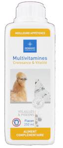 Multi-vitamines Volailles 250 ml
Pour poules, canards, oies, pintades, faisans, dindes, poussins, pigeons

L’alimentation des volailles peut être carencée en vitamines. Cette carence est à l’origine de divers problèmes (baisse de forme, baisse d’appétit, anomalies du plumage,...)
C’est pourquoi nous avons établi ce complexe multi vitaminé qui contribue au maintien en bonne santé des oiseaux.

Multi-Vitamines Volailles compense les carences en vitamines de l’alimentation et contribue du maintien en bonne santé des volailles. Elle aide à la récupération lors de période de stress (sevrage, croissance)

Multi-vitamines Volailles est un aliment complémentaire diététique liquide qui se donne dans l’eau de boisson pendant 5 à 10 jours consécutifs pendant les phases critiques de la croissance.

Composition:
- 3a Vitamines (au litre)
- 3a672a Vitamine A - 99 000 UI
- E671 vitamine D3 - 5 000 UI
- 3a700 Vitamine E - 14mg
- 3a820 Vitamine B1 - 1mg
- Vitamine B2 -7mg
- 3a841 D - Panthoténate de calcium - 18mg
- E3a831 Vitamine B6 - 7mg
- 3a880 Biotine - 1mg
- Vitamine B12 - 1 mg
- Vitamine K3 0.5mg

1b aNTIOXYG7NE (au litre) : E321 BHT 4.5mg

3C Acides aminés (au litre) :
3c301 DL - Méthionine -67mg
3.2.3 Monochlorydrate de L-Lysine - 33mg
A renouveler tous les mois

Mode d'emploi : Diluer 1 cuillère à soupe de Multi-vitamines Volailles dans 1 litre d'eau 

Multi-vitamines Volailles : Flacon de 250 ml
