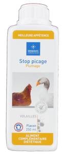 Plumage Volailles 200 ml (Remplace le produit Stop Picage)

Pour les poules, canards, oies, pintades, faisans, dindes
Participe à la protection de la peau, à la qualité des phanères et contribue à une bonne repousse du plumage. 

A utiliser lors des phases critiques de croissance et d'élevage (période de mue, problème de picage)
Utilisation :  A ajouter dans l'eau de boisson. 1 cuillère à soupe  dans 1L d'eau pendant 5 jours. Changer le mélange quotidiennement.



